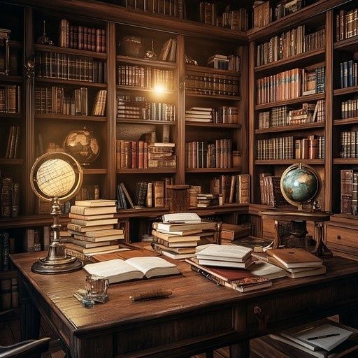 Dunkle Bibliothek mit Büchern, Globus und Schreibtisch voller Stapel